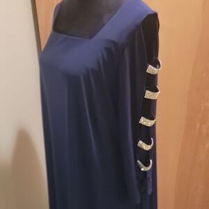 Roz & Ali Navy Blue Dress W Silver Rhinestone Down Sleeves Sz 2x